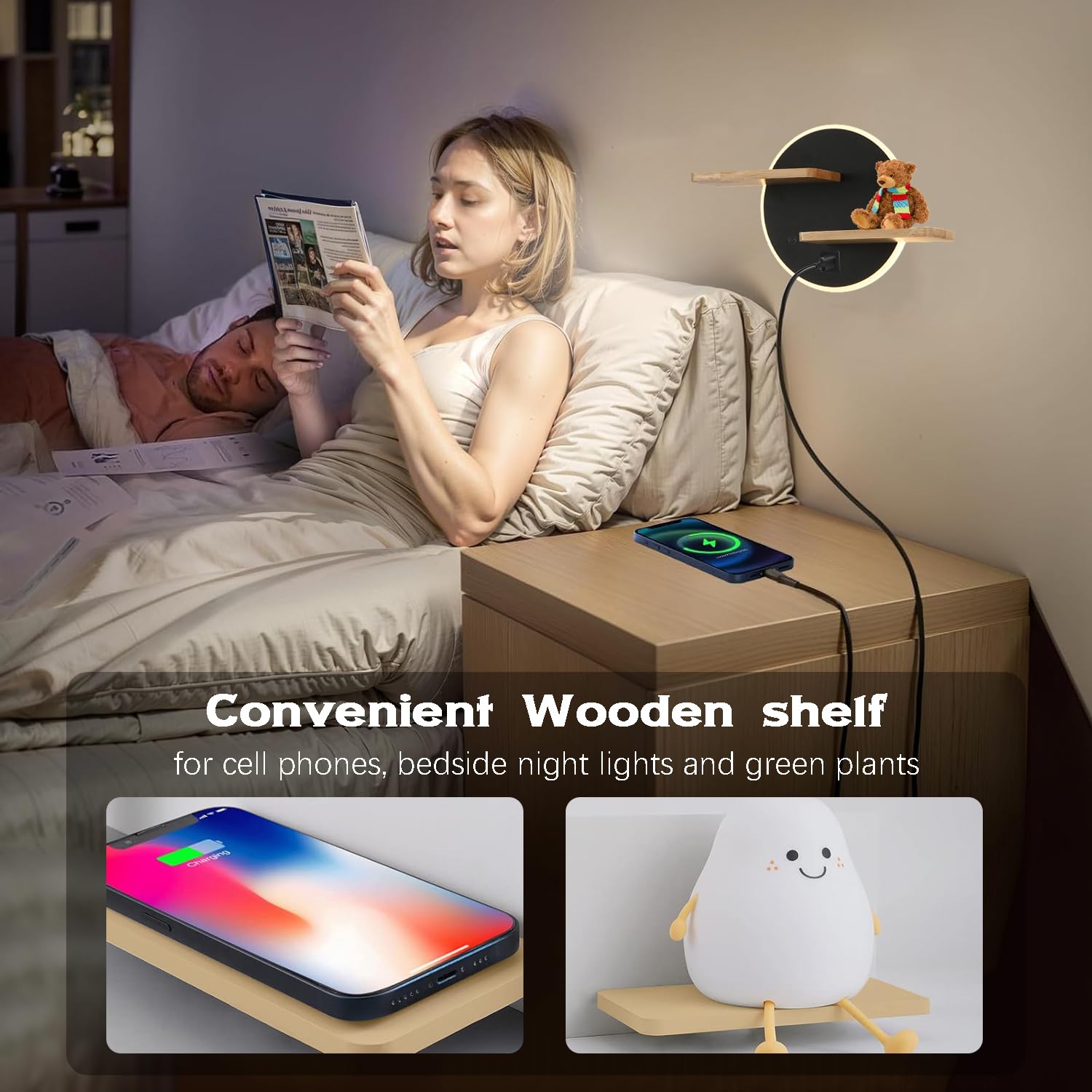 KZT Wandleuchte Innen Nachttischlampe Dimmbar Touch Schalter LED Wandlampe mit Kabel USB + TYPE C Ladeanschluss Wandbeleuchtung Schlafzimmer Bettlampe Leselicht für Schlafzimmer Wohnzimmer Hotel