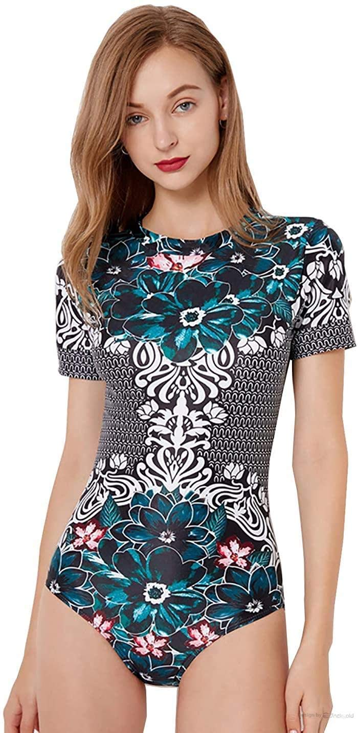 CAIRUOWomens Zip Front Long Sleeve High Neck One Piece Swimsuit Printed Rash Guard