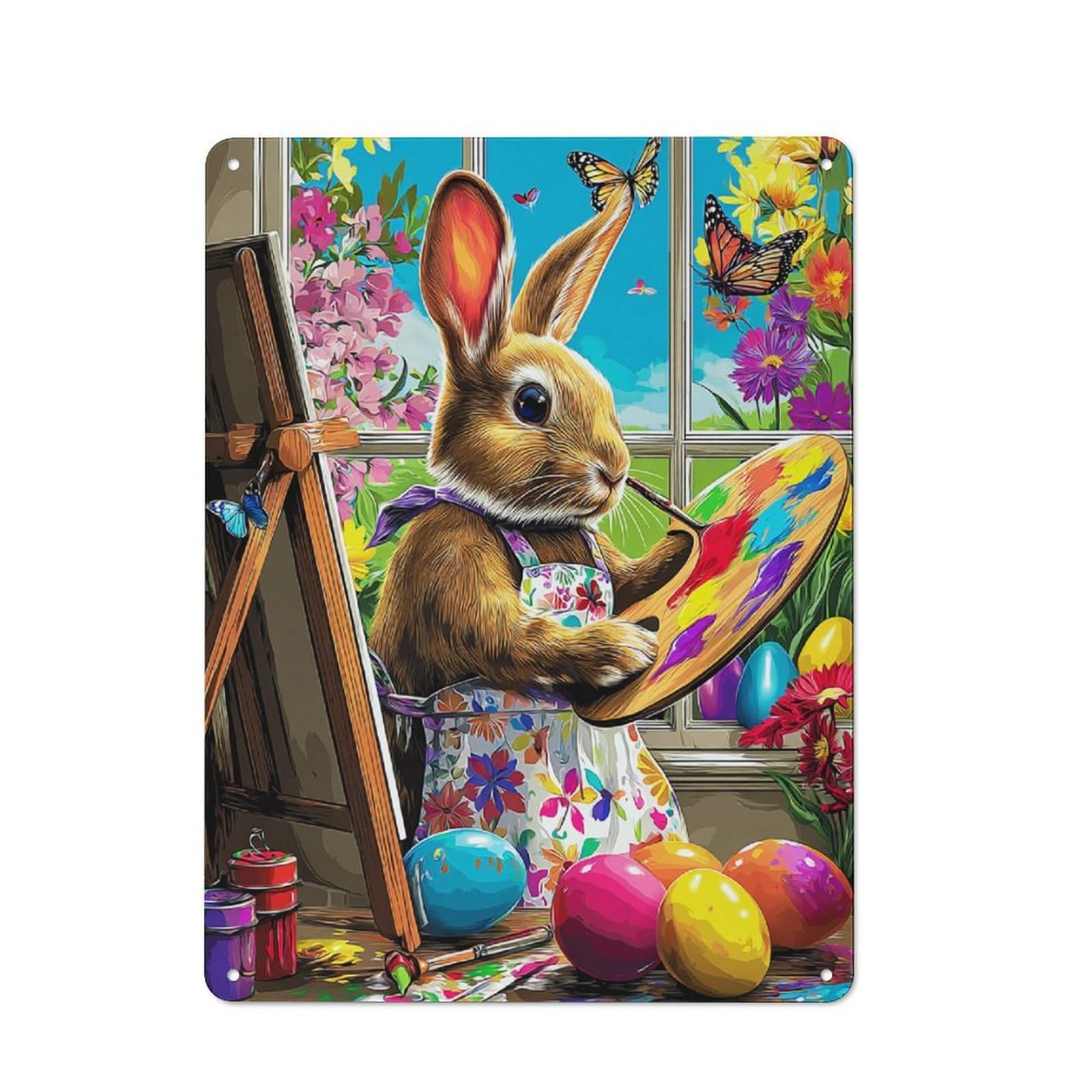 Junmoney Artist Bunny With Palette And Eggs Rustic Metal Plaque 40X30cm For Hobby Room Or Studio, For Creative Interior Collectors