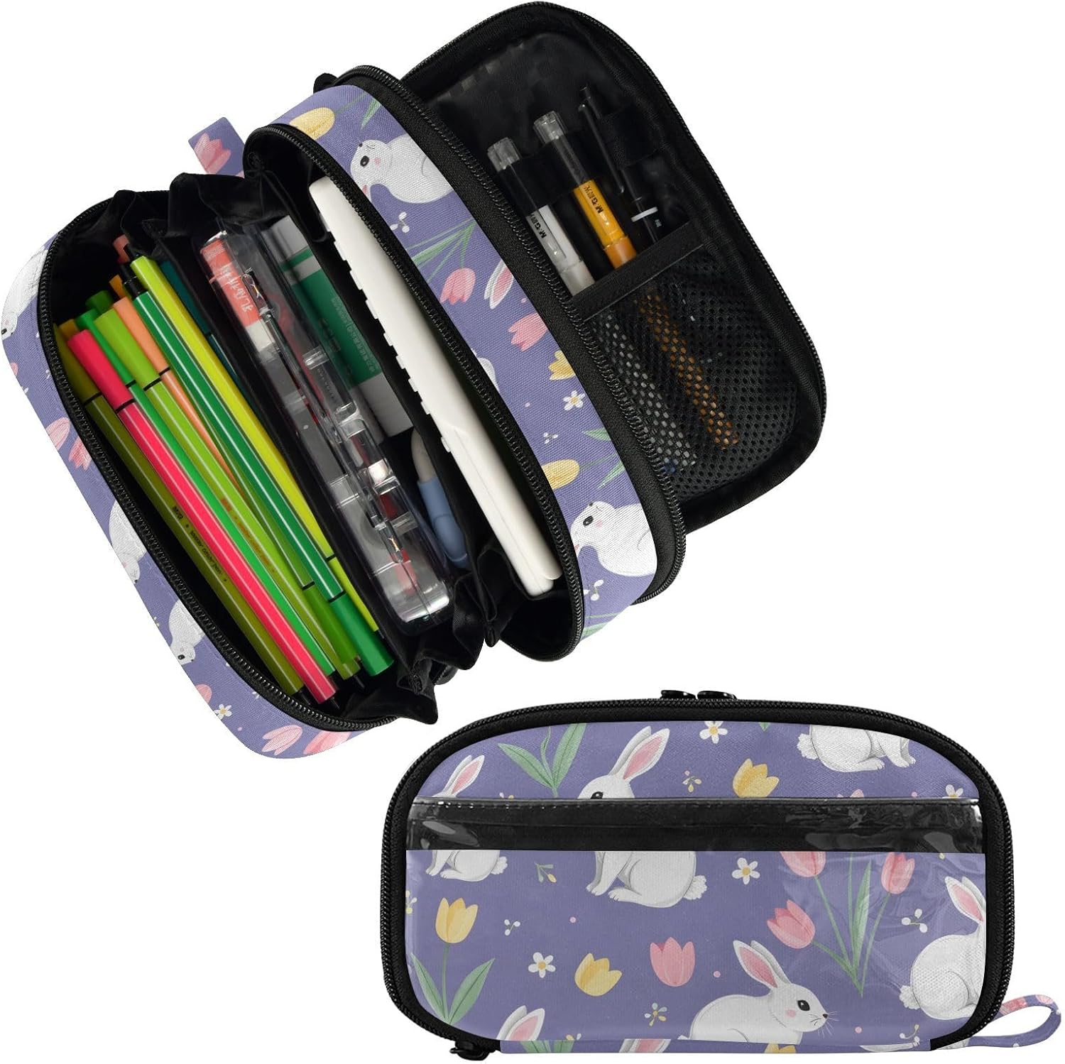ALAZA Rabbit Tulip Flowers Pattern Large Capacity Pencil Case, Aesthetic Stationery Organizer Bag with Clear PVC Window, High Capacity Pen Pouch with Dividers for School Office Travel image 2