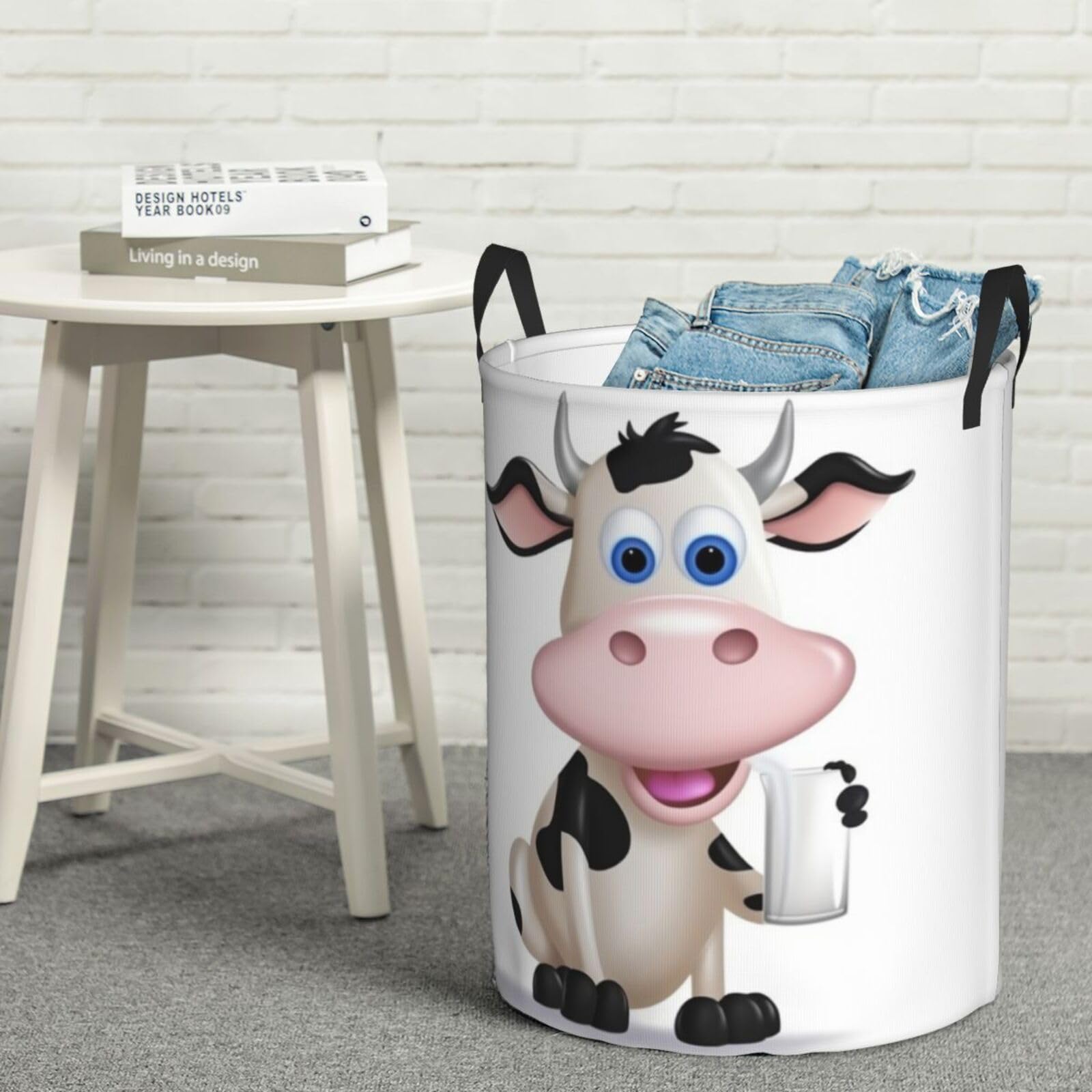 Fodpand Black Cartoon Milk Cow Laundry Basket With Handle, Freestanding Laundry Hamper, Collapsible Dirty Clothes Hamper, Waterproof Fabric Blanket Storage Basket Tall Toy Storage Bin Room Decor Medium