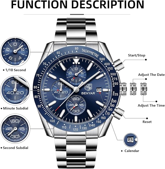 BENYAR Mens Watches Quartz Analog Chronograph Waterproof Wrist Watches for Men Fashion Business Work Casual Sport Dress Watch with Calendar