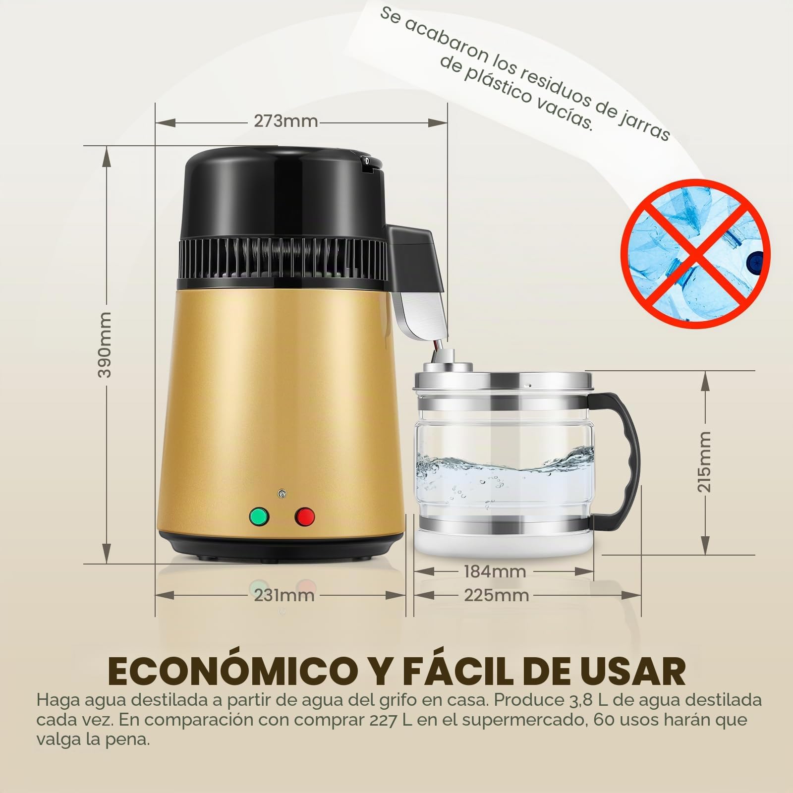 Hanchen Destilador de Agua 4L Acero Inoxidable Purificador de Agua con Jarra de Vidrio 1L/H Máquina de Agua Destilada para Hogares Laboratorios Industrias (Dorado)