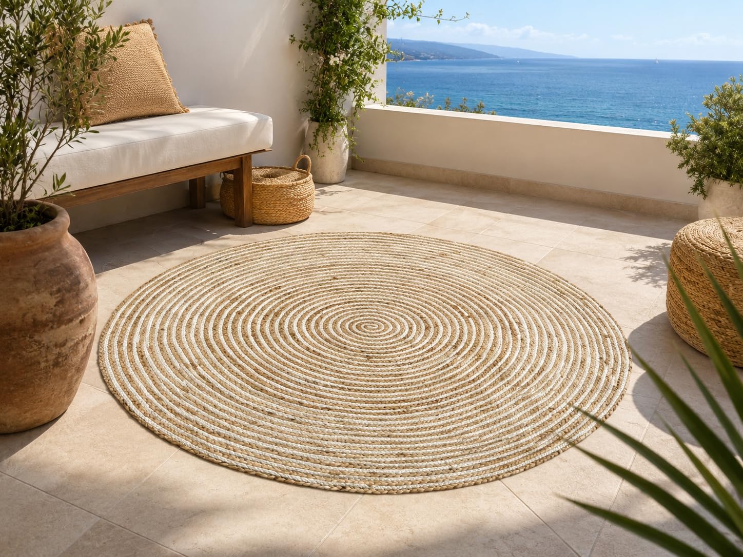 Tapis rond 100 % jute naturelle tressé, style nordique, pour salon, chambre, entrée, terrasse, véranda (blanc, jute, 110 cm de diamètre)