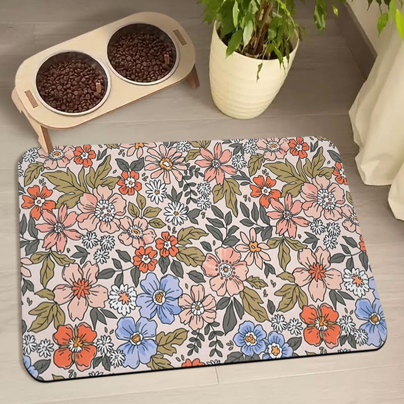 Dog Food Mats for Floors Waterproof, Cat Water Bowl Mats Pet Feeding Absorbent Placemats Flower 17 * 30 inch — image 1