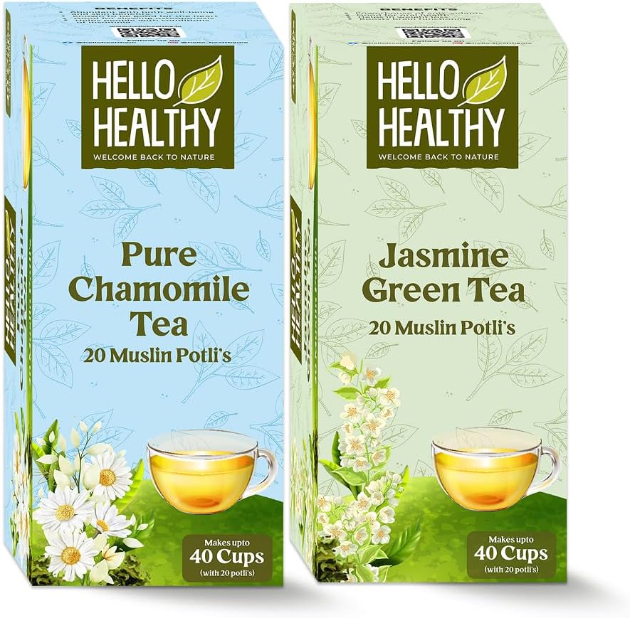 Hello Healthy | Pure Chamomile & Jasmine Green Tea Pack of 40 Bags (2g Each) | Helps In Weight Lose & Boosts Brain Function | Good For Heart | Powerhouse of Antioxidant