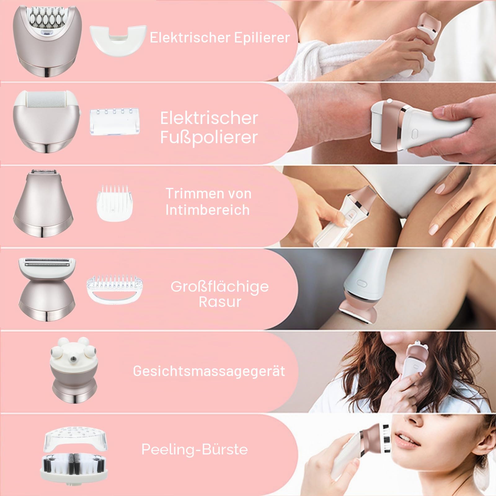 6 IN 1 Epilierer Damen Elektrischer, Layhou Kabelloser Epilierer für Damen Intimbereich, Nass- und Trocken-Gesichtsepilierer mit Pediküre und Peelingbürste, Massagekopf, Wiederaufladbares (Weiß)