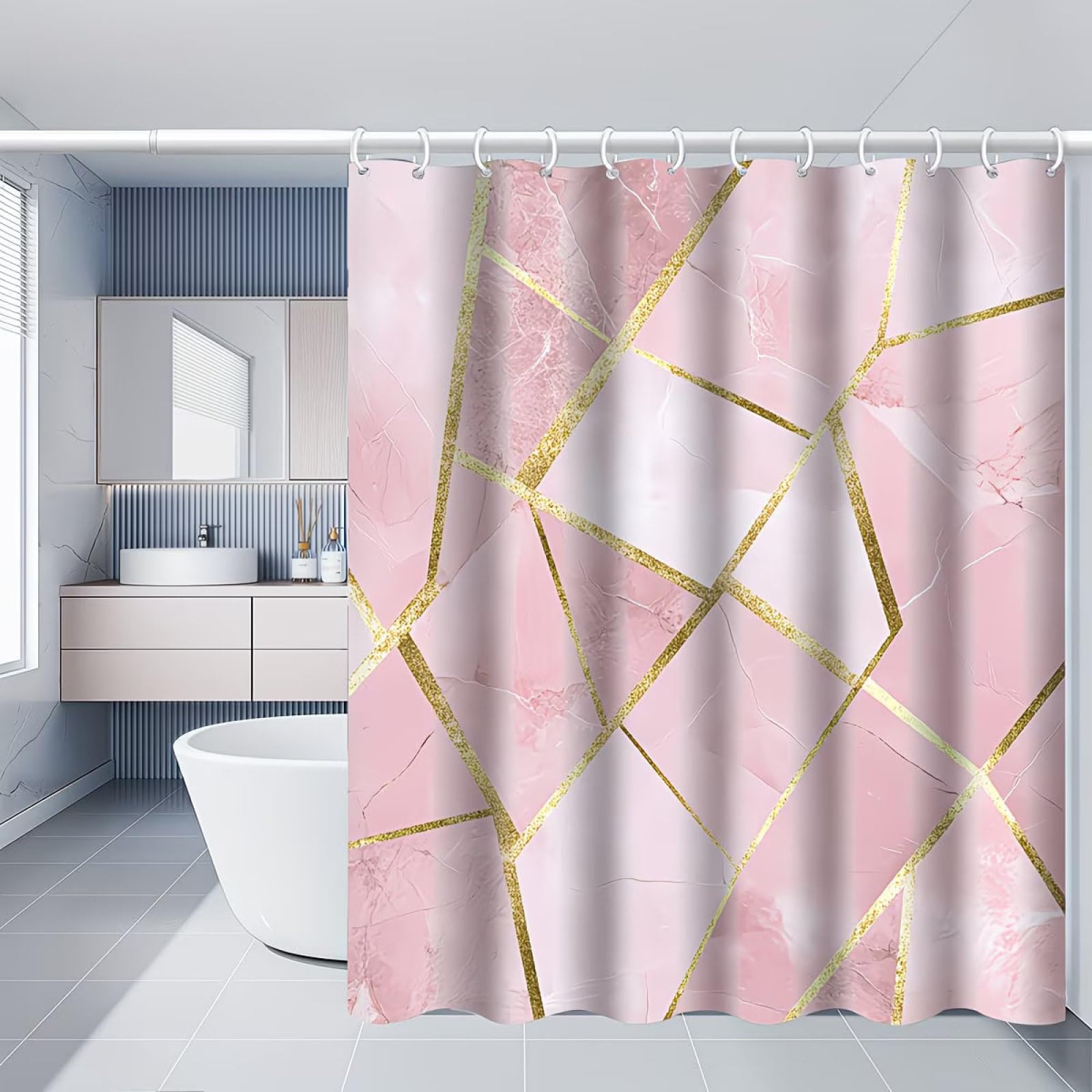Shower Curtains Pink Gold Geometry Wet Room Shower Curtain Mould Proof Resistant Waterproof Polyster Fabric Washable with 12 Hooks Garden Bathroom Curtains (180x220cm)