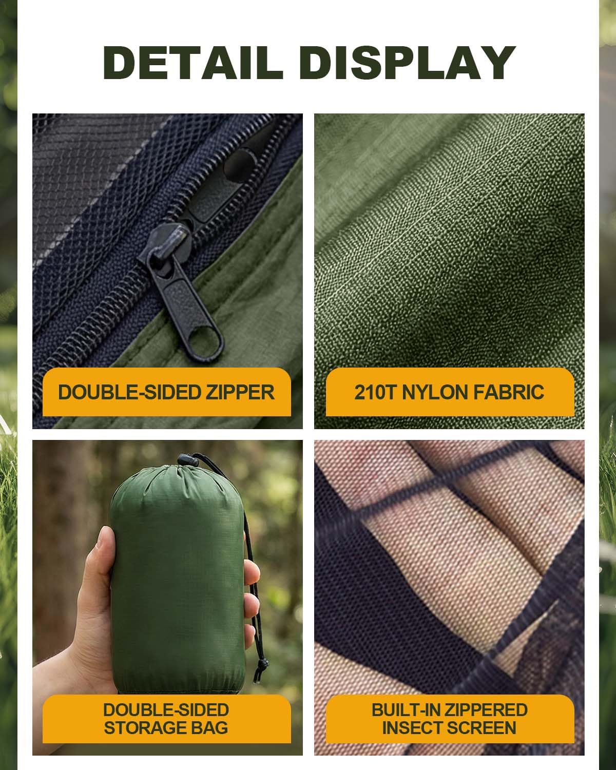 Amaca da campeggio 290 x 140 cm con zanzariera, ultra leggera e resistente, in nylon da 210T, da viaggio, con cinghie per alberi, facile da installare, amaca da campeggio per esterni