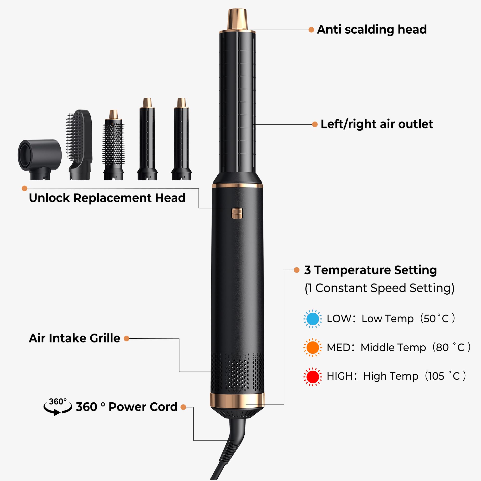 MogawaveCepillo Secador de Pelo Moldeador de Pelo 5 en 1,Airstyler, Automático de Rizado de Aire, Hair Styler, Dar Volumen, Doblar, Suavizar, Secar el Cabello