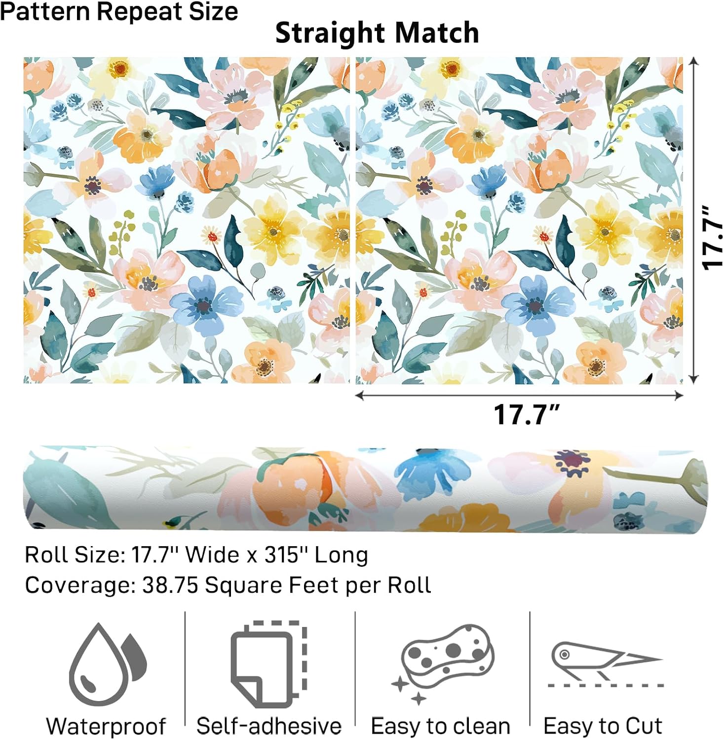 VaryPaper 17.7'' x 315'' Watercolor Blue/Orange/Pink Floral Wallpaper Peel and Stick for Nursery Kids Room Decorative Cute Flower Contact Paper for Cabinets Removable Self Adhesive Floral Wall Paper