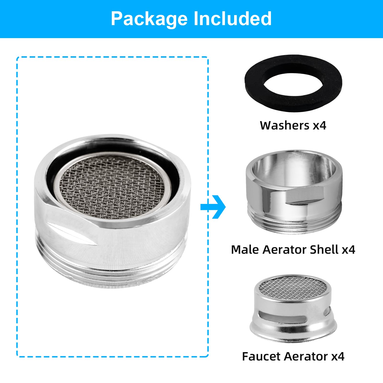 iFealClear 4 aireadores de grifo, filtro de grifo aireador de fregadero de cocina con carcasa de latón macizo, rosca macho de 15/16 pulgadas, aireador de grifo con junta para cocina y baño, cromado