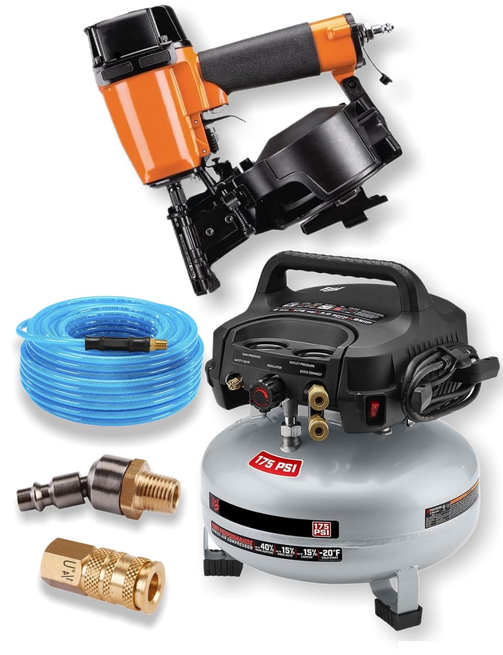 Fits PIERCE 15° PRC-RF Professional Coil Roofing Nailer with Fits FORTRESS 6 Gallon Air Compressor, 1/4 in. x 100 ft. Polyurethane Air Hose & Coupling Accessories