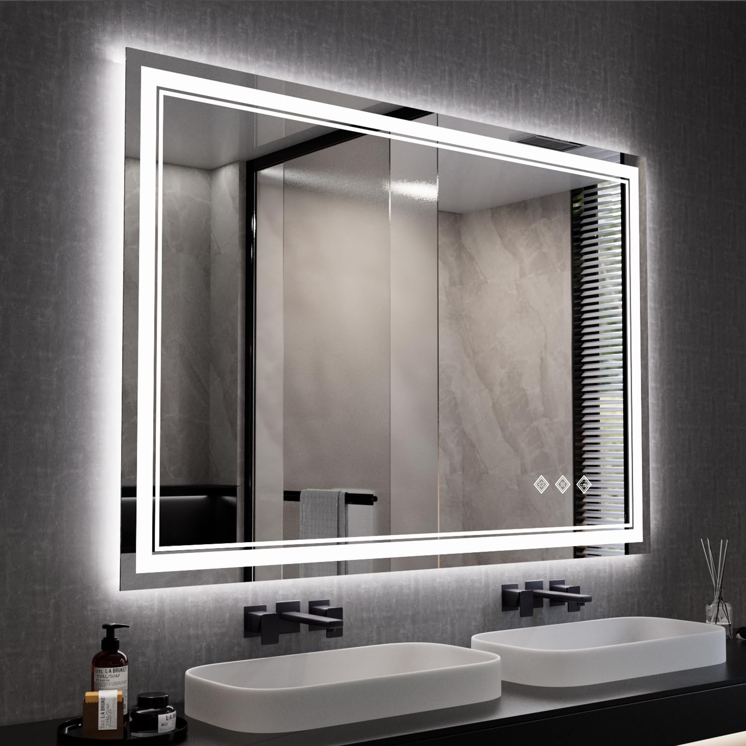 Bathroom Mirror, 43x31 Inch Gradient Front and Backlit LED Mirror, 3 Colors Dimmable CRI>90 Double Lights, IP54 Enhanced Anti-Fog, Wall Mount