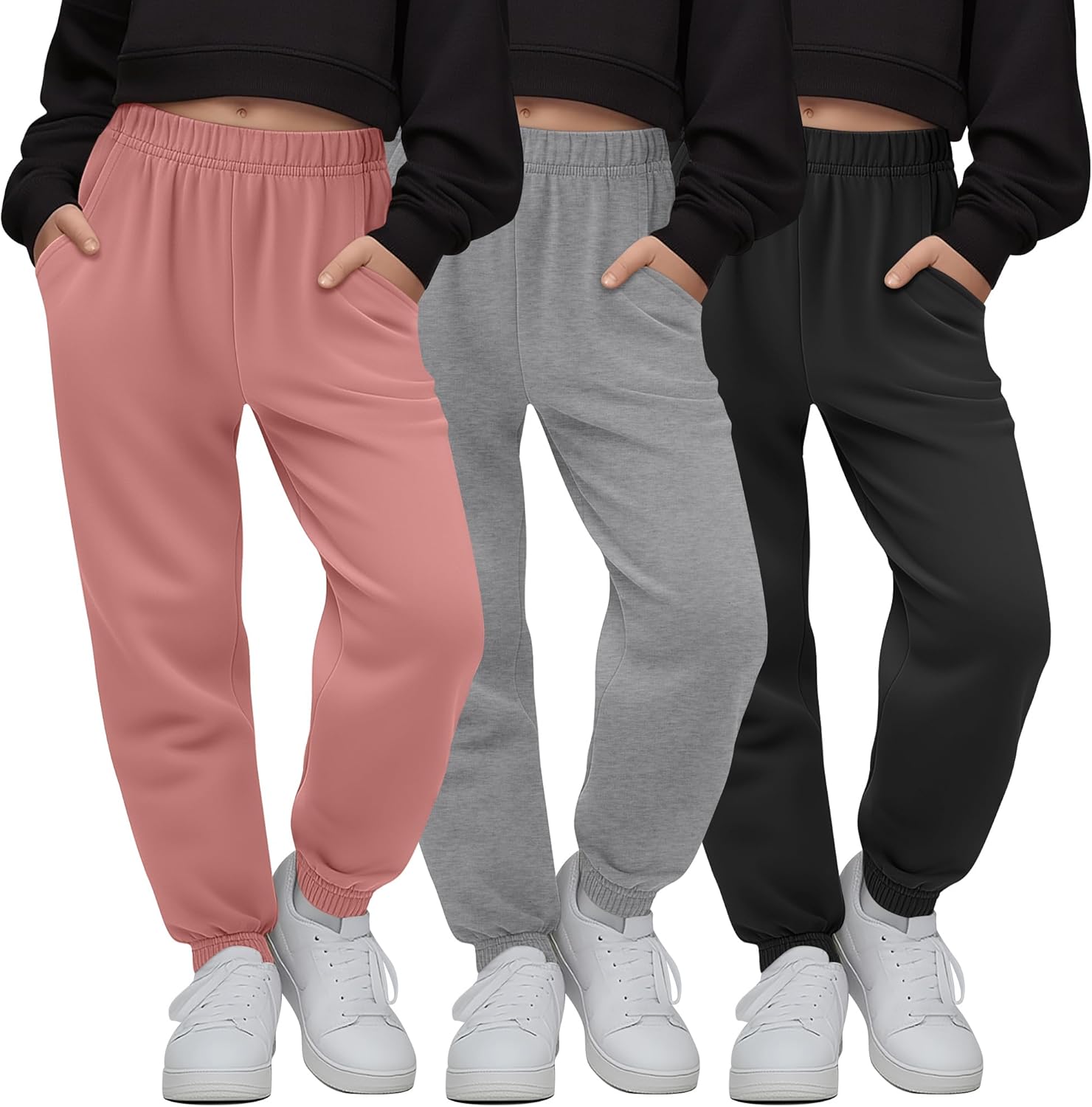 3 Pack Girls' Sweatpants Kids Elastic Waist Joggers Casual Athletic Pull on Teen Sweat Pants with Pockets