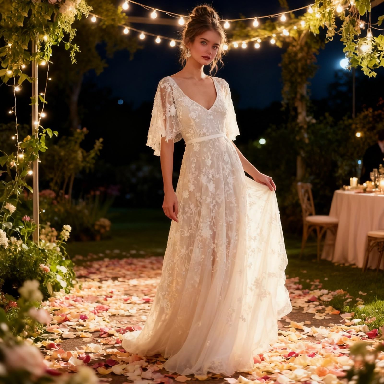 Abito da sposa con maniche svasate in pizzo, scollo a V profondo aperto sul retro Boho abito da ballo da sposa abito da spiaggia