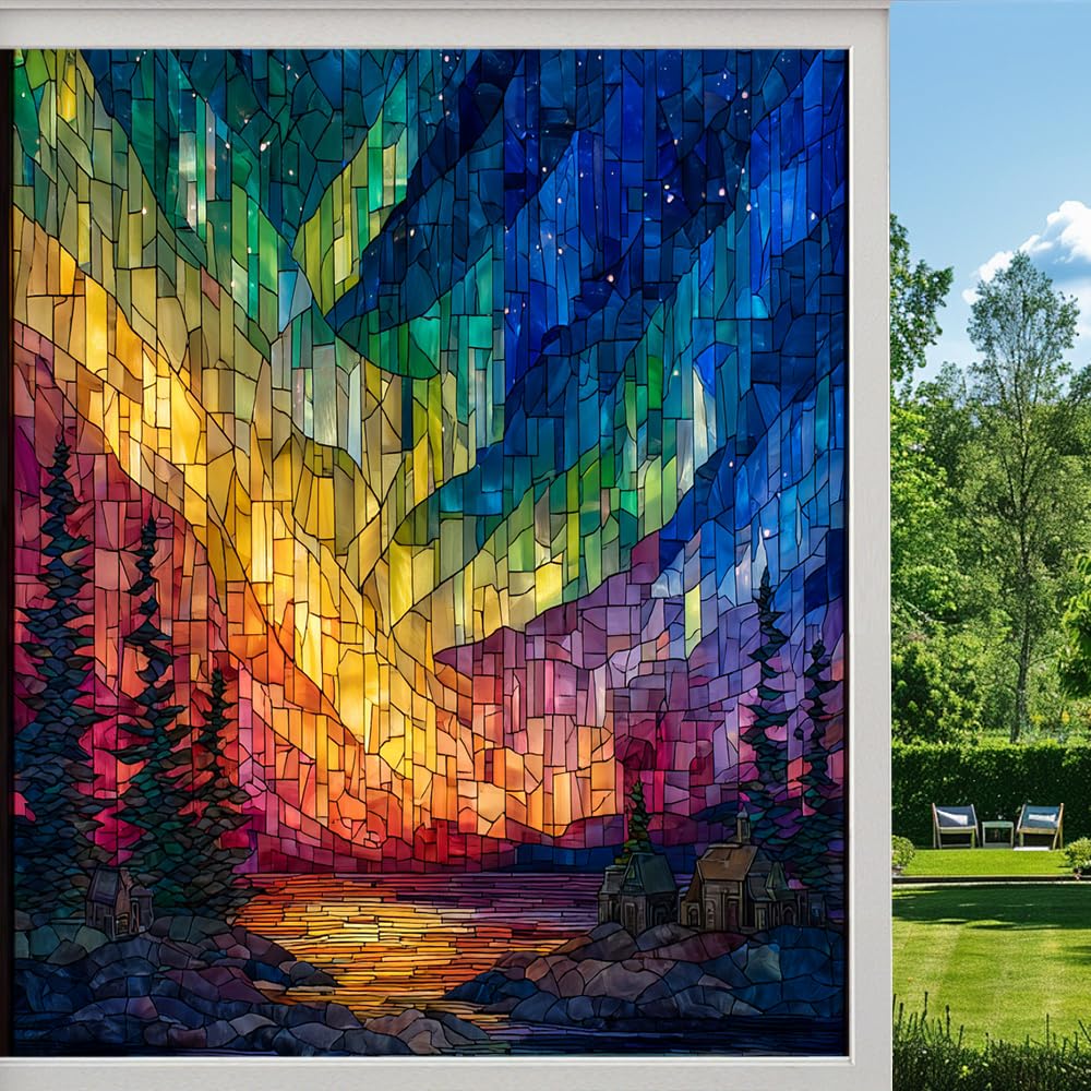 Rustic Aurora Borealis Frosted Window Film, Natural River Forest Scenery Stained Glass Privacy Film, Heat Insulation Self-Adhesive Vinyl for Bathroom Office,（50x100cm）