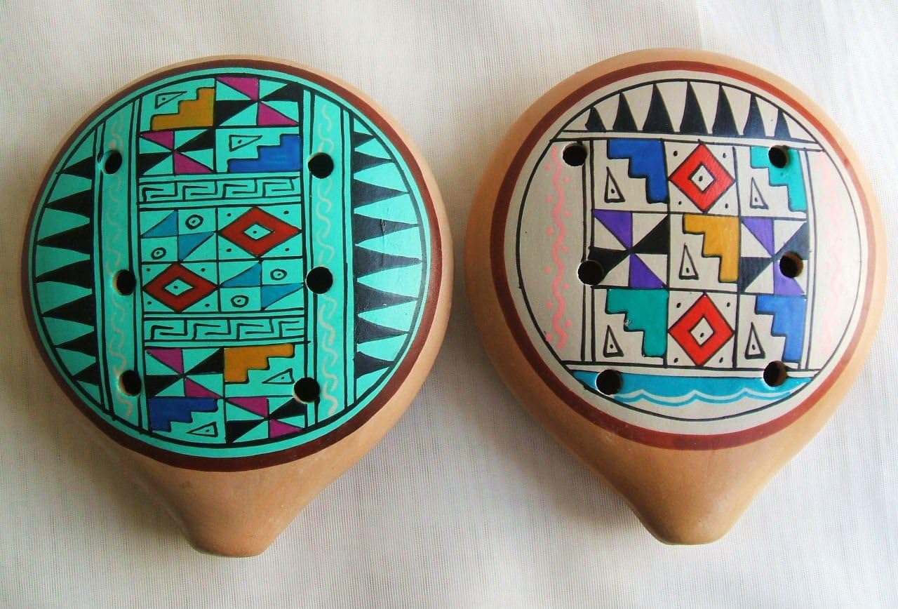 Two Large Peruvian Ocarina. Musical Instrument. Teal and