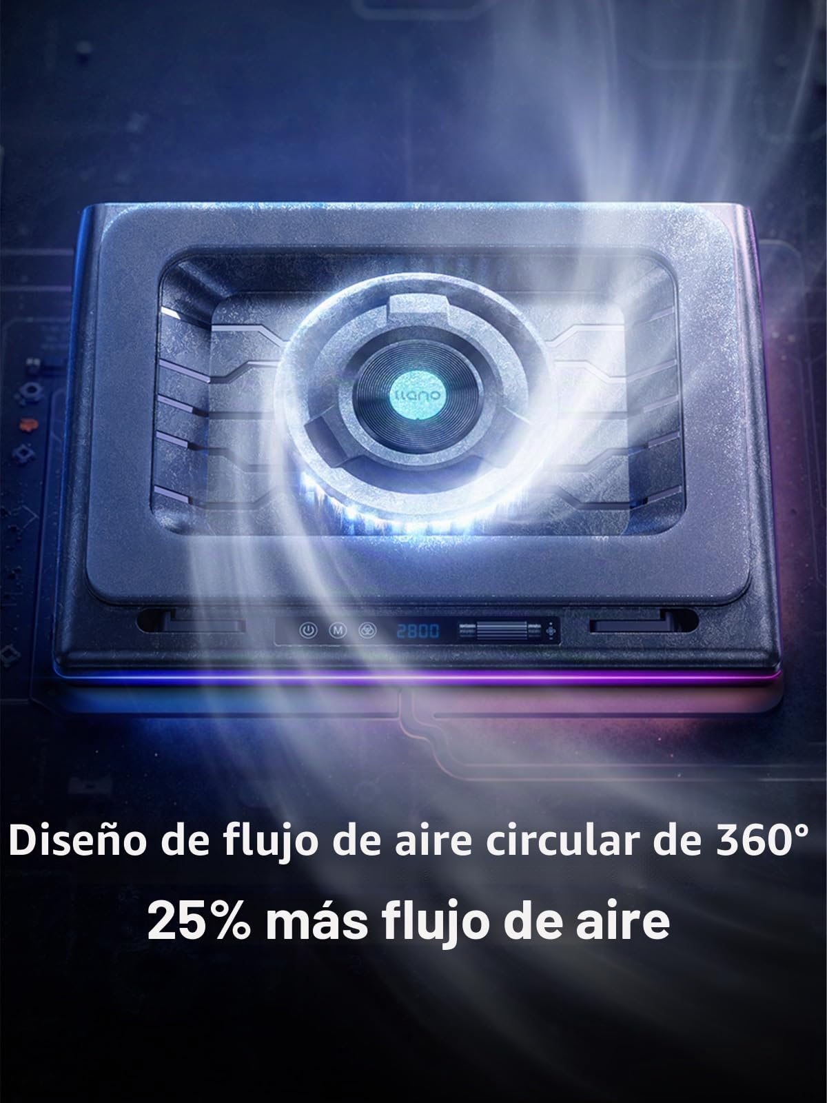llano V12 Ultra Base Refrigeradora para Laptop con Control de Software Inteligente, Soporte Ventilador RGB para Laptop Gaming, Ventilador Turbo 5.5", 3 *USB 3.0 para Laptops de 15.6" a 19"