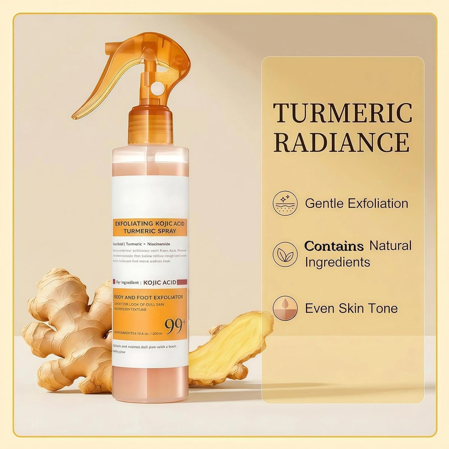 Spray corporal exfoliante con ácido kójico y cúrcuma: elimina suavemente las células muertas, ilumina y unifica el tono de la piel