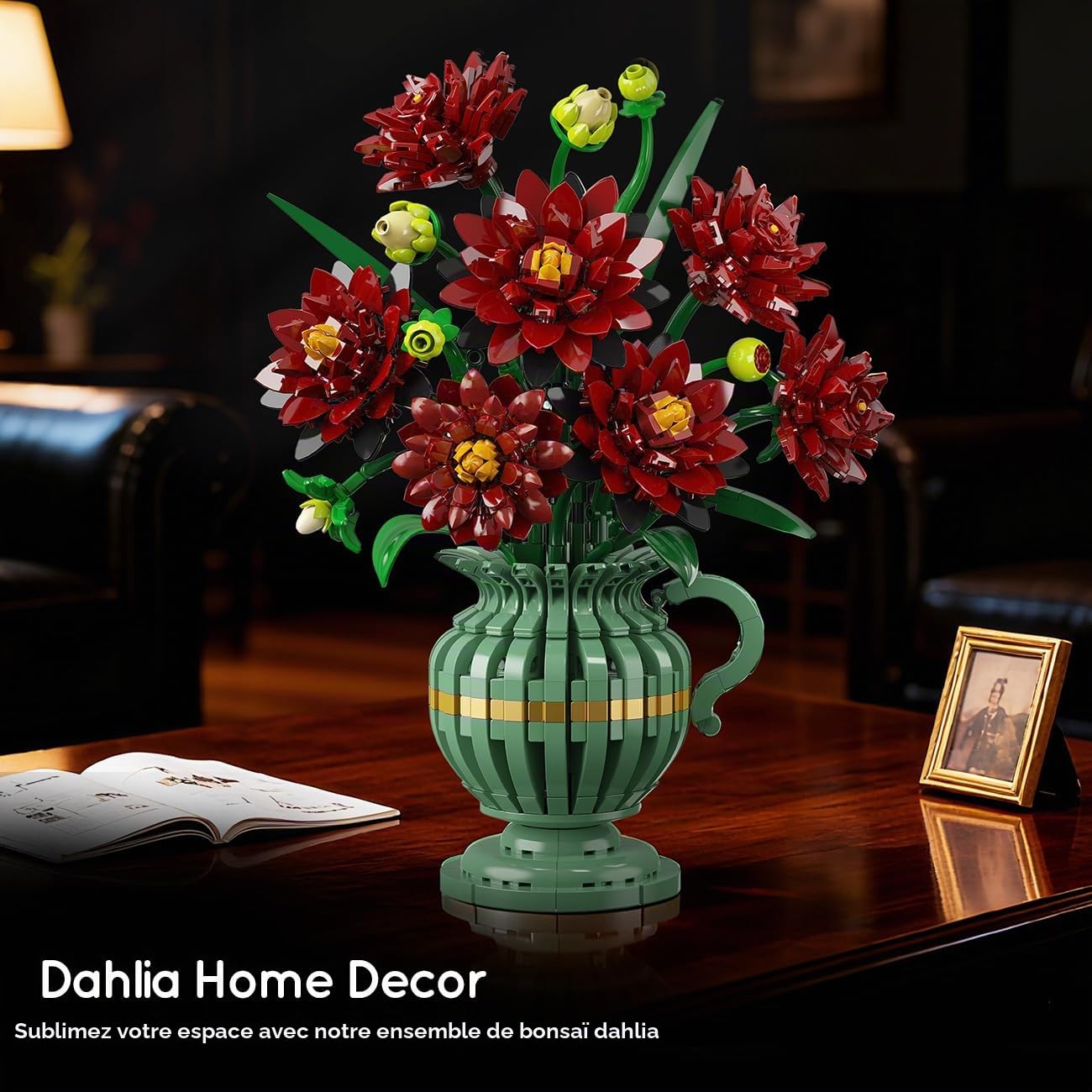 PLAXSOON Kit de Construction de Fleurs Dahlia avec Vase, Collection Botanique Bouquet de Fleurs en Blocs, 1482 PCS Kit Bonsaï Artificiel Gothique Déco Maison Cadeau pour Elle Adultes Enfants Filles