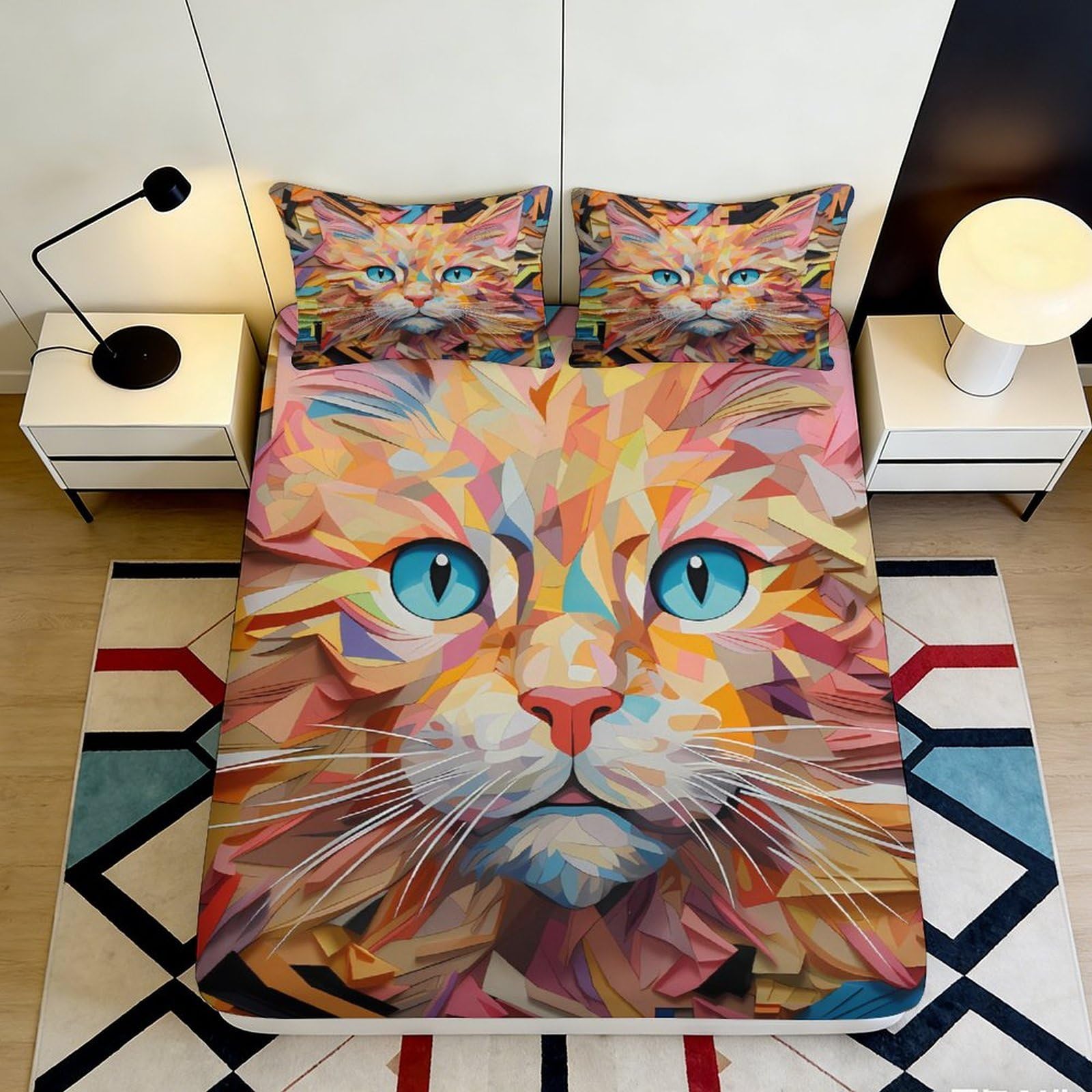 3D Printed Colorful Cat Face Fitted Sheet Microfiber Soft Breathable Geometric Cat Mattress Cover for Bedroom Dormitory Guest Room Mattress Protection Decor 180x200x25cm