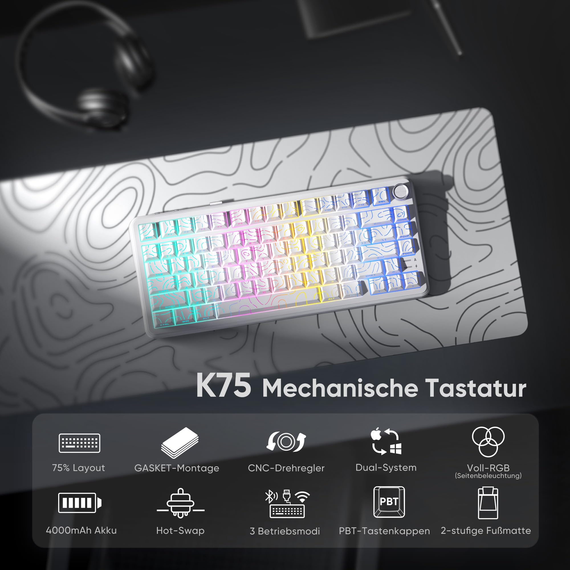 RedThunder K75 Tastiera meccanica da gioco, QWERTY (contorno bianco)