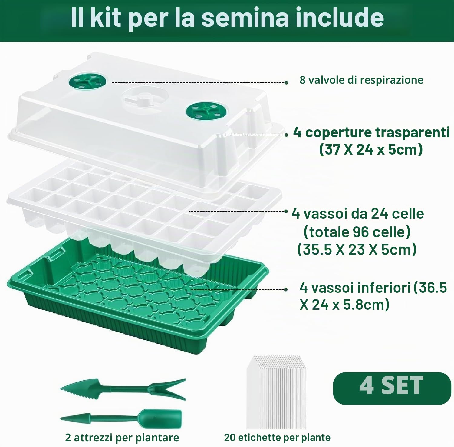LATERN 4 Pezzi Vassoi per Piantine, 24 Celle Vassoio per Vivaio in Plastica Propagatore di Semi di Fiori con Sfiato Regolabile per Serra Giardino Casa Piantina (con 20 Etichette, 2 Attrezzi)