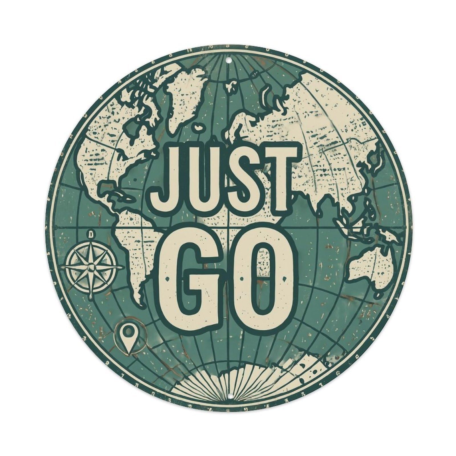 Vintage World Map with Compass Just Go Coordinates Metal Tin Sign