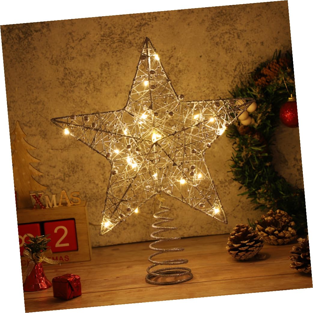 Veemoon Puntale Albero di Natale a Forma di Stella 20 Luci Led, Base in Ferro Argento, Alimentato a Batteria, per Decorazione Casa e Festa Atmosfera Calda e Romantica