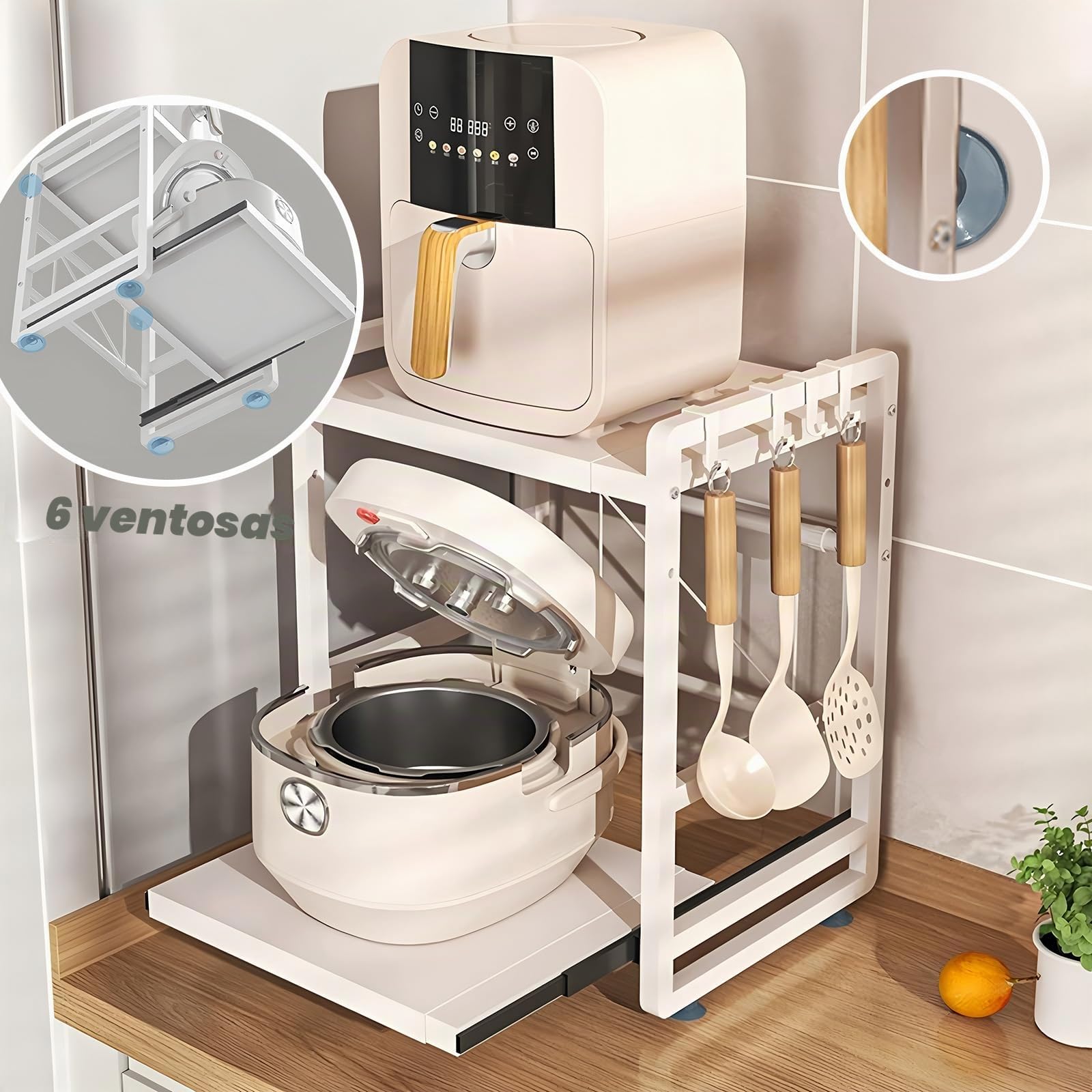 Estante de cocina con 2 niveles, altura ajustable y estante extensible con cajón, acero al carbono, ganchos y ventosas de refuerzo, fácil montaje, color blanco