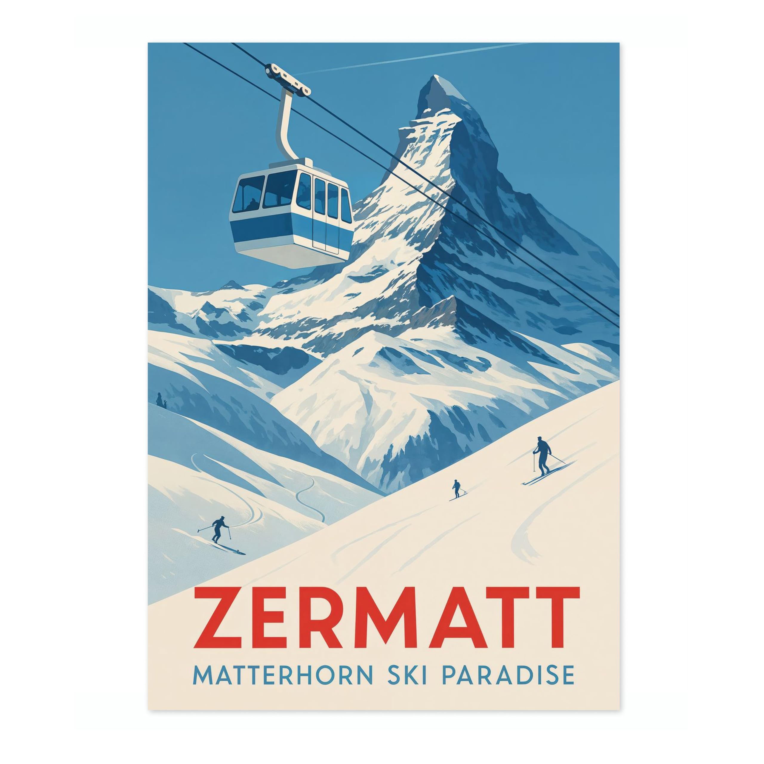 Zermatt Vintage Skiing Poster, Minimalist Wall Art, Mountain Travel Prints, Snow, Ski Trip Home Decor, A5 (Print Only) - 21x14.8cm