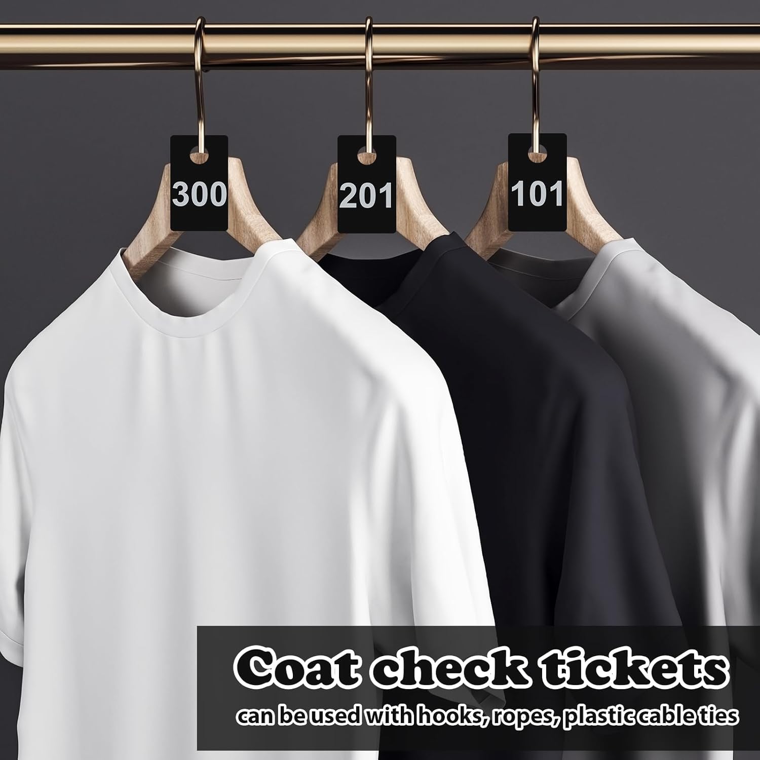 600Pcs Plastic Check Tags 2 Part Coat Check Tickets 1.5x2.5inch Number Cards 1 to 300 with Hole Reusable Coat Room Tags Claim Ticket for Closet Organization Event Raffle Draws Cloakroom Storage Black