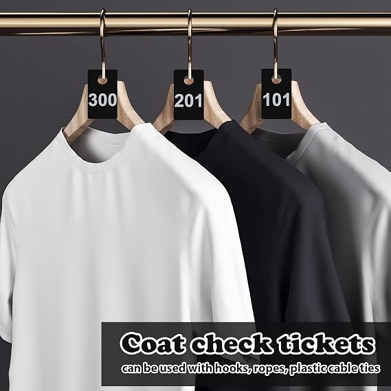 1000Pcs Plastic Check Tags 2 Part Coat Check Tickets 1.5x2.5inch Number Cards 1 to 500 with Hole Reusable Coat Room Tags Claim Ticket for Closet Organization Event Raffle Draws Cloakroom Storage Blac