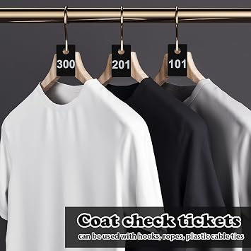 1000Pcs Plastic Check Tags 2 Part Coat Check Tickets 1.5x2.5inch Number Cards 1 to 500 with Hole Reusable Coat Room Tags Claim Ticket for Closet Organization Event Raffle Draws Cloakroom Storage Blac