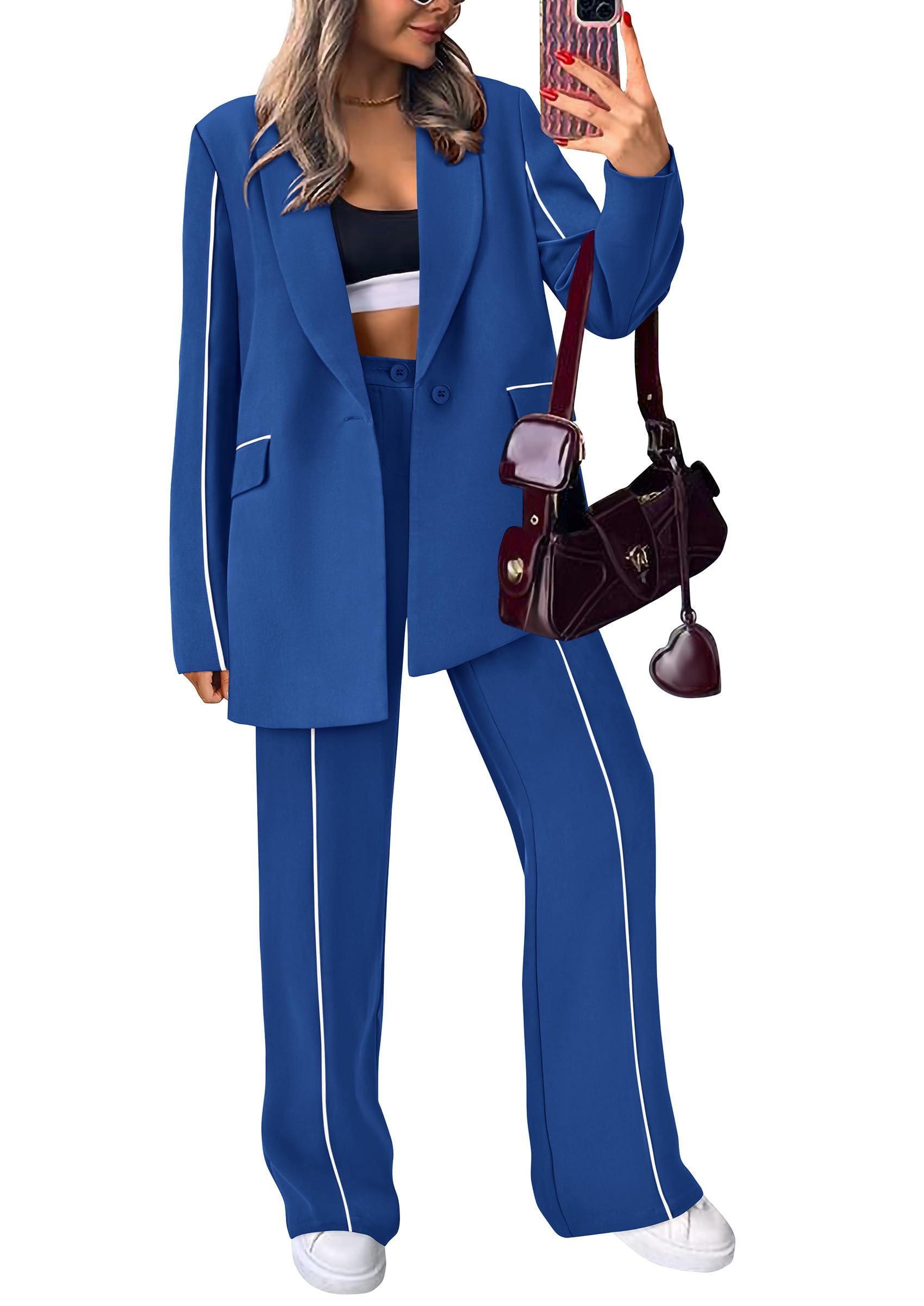 Women's Fall Spring 2 Piece Blazer Outfits Business Casual Oversized Jacket Wide Leg Work Pants Dressy Suit Set-image-43