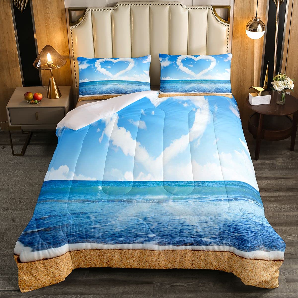 Loussiesd Ocean Soft Duvet Blue Sky Heart Cloud Bedding Set Kids Girls Boys Hawaiian Beach Summer Holiday Vacation 3Pcs King Size — image 1