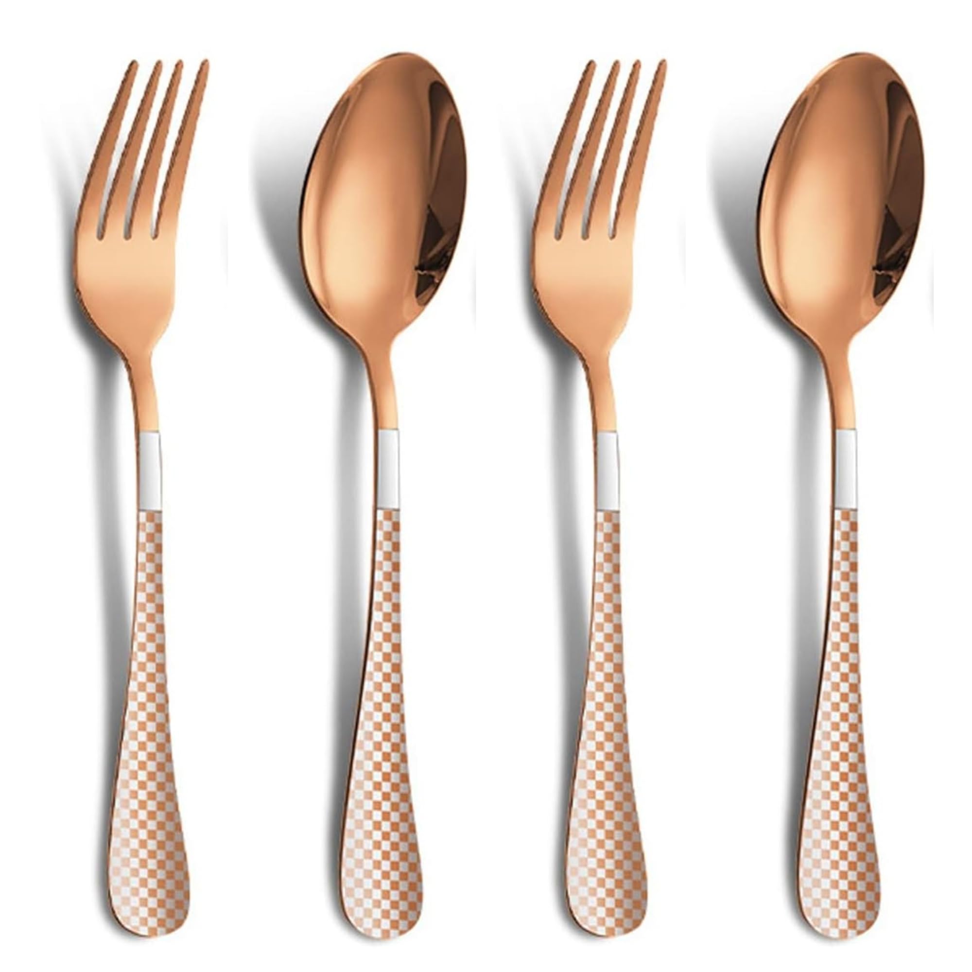 KitchAntique Rosegold 4-Piece Cutlery Set – 2 Tablespoons & 2 Dinner Forks (8.1") with Checks Printed Handles, Durable S