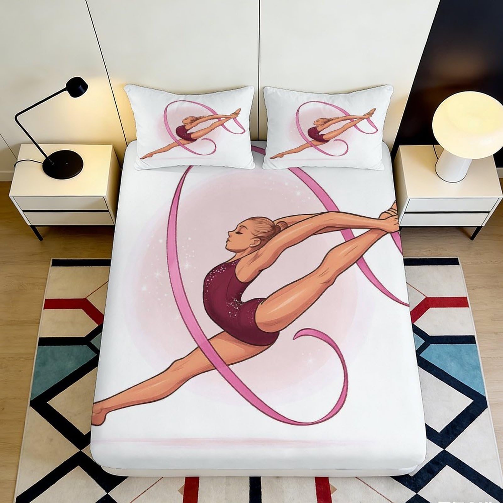 3D Printed Rhythmic Gymnastics Fitted Sheet Microfiber Pink Ribbon Bed Cover for Bedroom Guest Room Mattress Decor 90x200x25cm