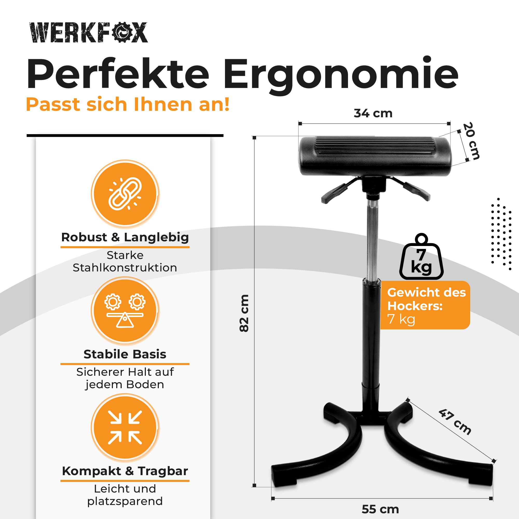 Stehhocker & Stehhilfe bis 85 kg, ergonomisch höhenverstellbar | Entlastet den Rücken am Schreibtisch, stufenloser Stehstuhl für Büro, Polyurethan Werkstatthocker mit Metallrahmen, 7 kg