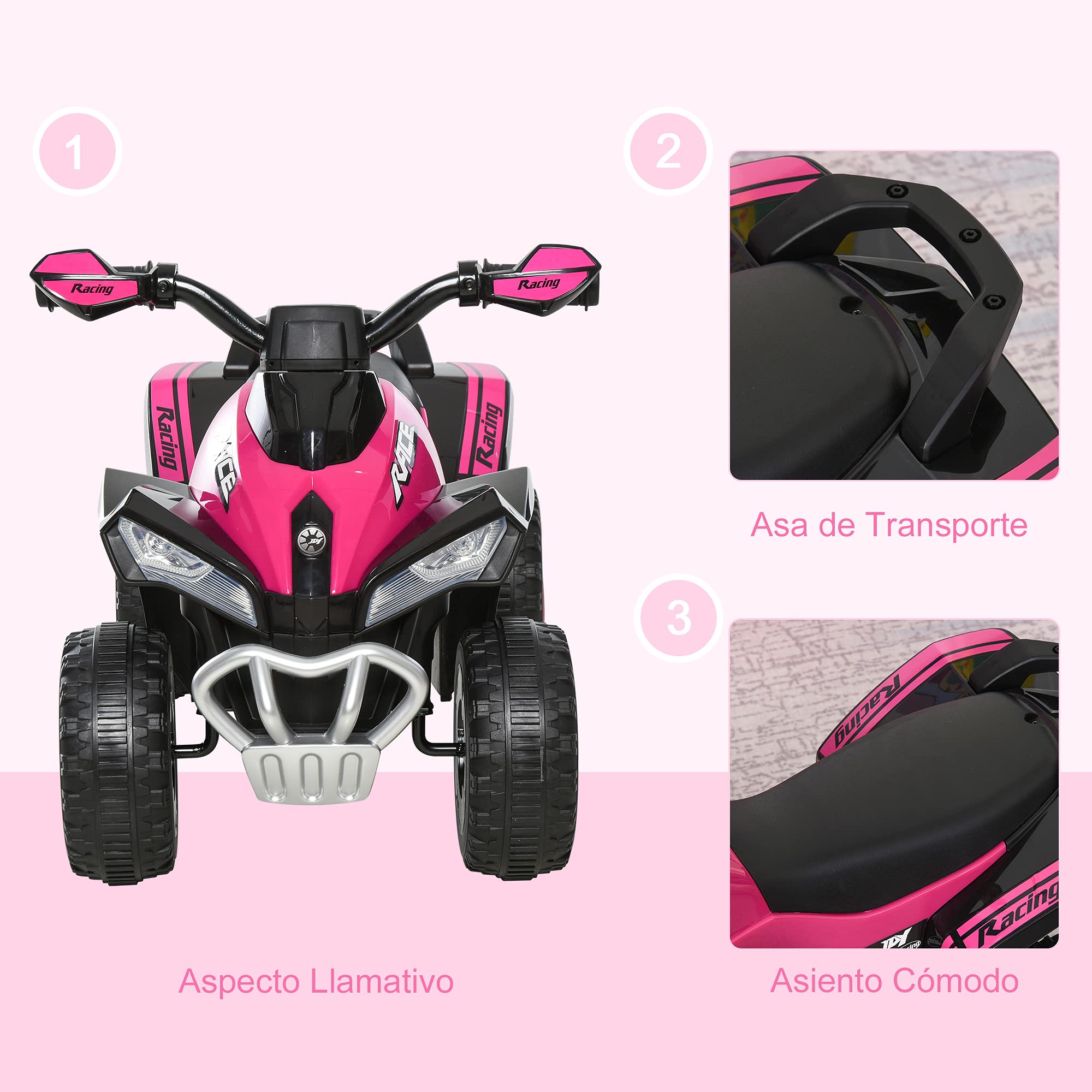 HOMCOM Quad Correpasillos Coche Correpasillos para Niños de 18-36 Meses con Función de Luces y Música Soporta hasta 20 kg 67,5x38x44 cm Rosa