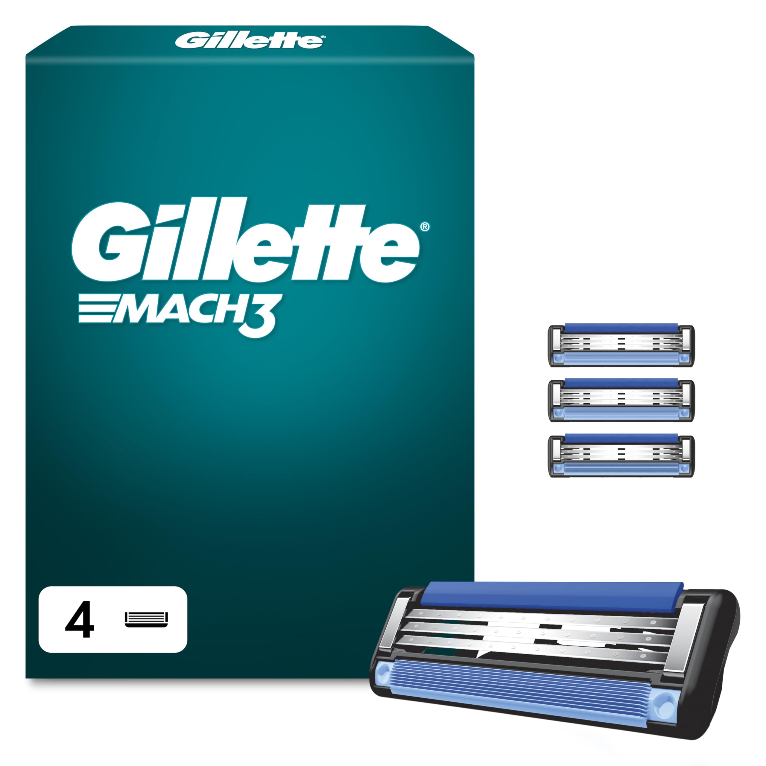 Gillette Mach3 Razor Blades Men, Pack of 4 Razor Blade Refills, Upgraded Lubrastrip for an Enhanced Glide, Fits all Mach3 Handles