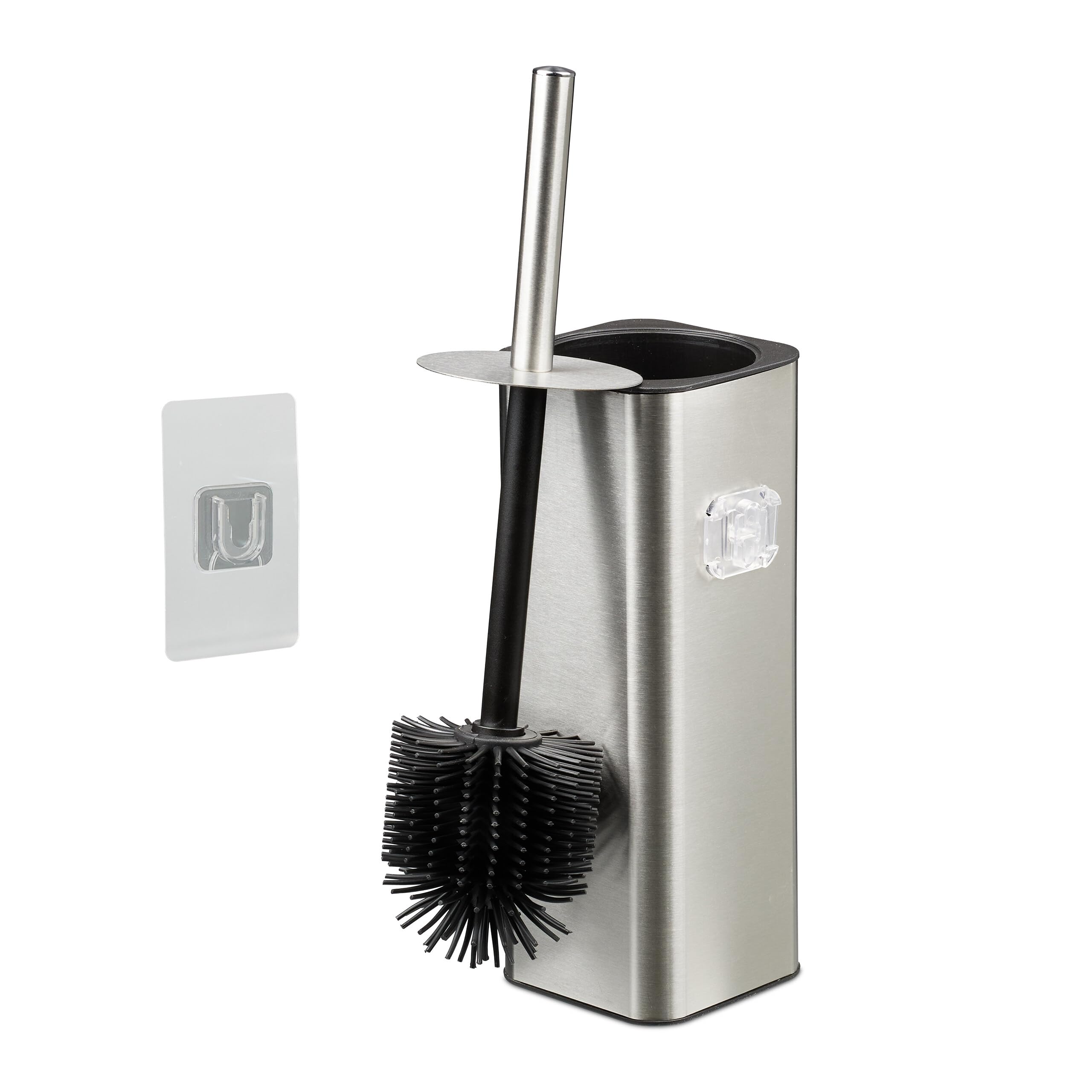 Relaxdays toilet brush with wall mount, adhesive, HxWxD: 36.5 x 9.5 x 10.5 cm, WC cleaning brush with holder, silver