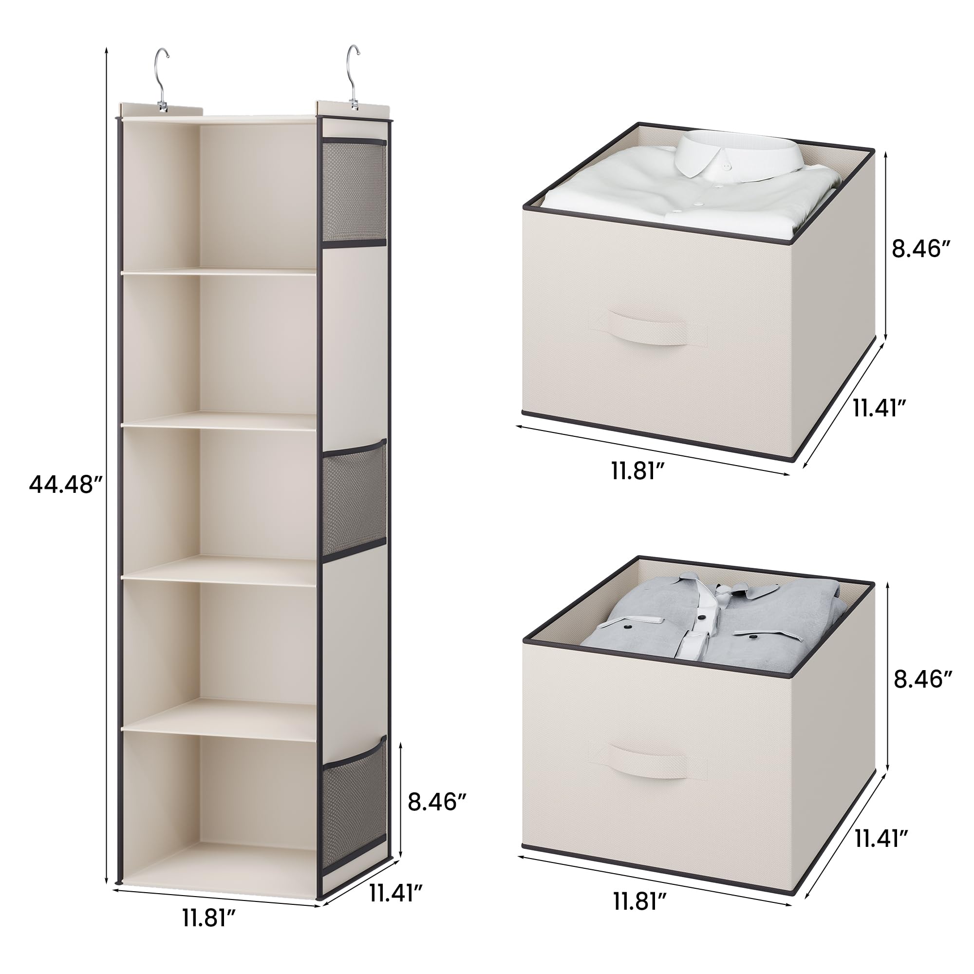 YOUDENOVA Hanging Closet Organizer, 5 Tier Hanging Closet Shelves with Drawers and 6 Side Pockets, Beige