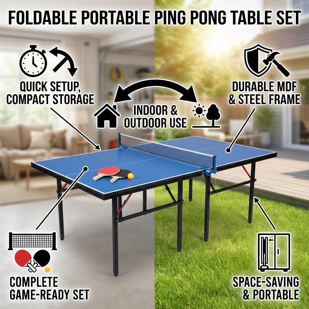 Foldable Portable Ping Pong Table Set, Table Tennis Table with Net and 2 Paddles, Compact Indoor Outdoor Table with Smooth Playing Surface for Home Garage or Backyard Use