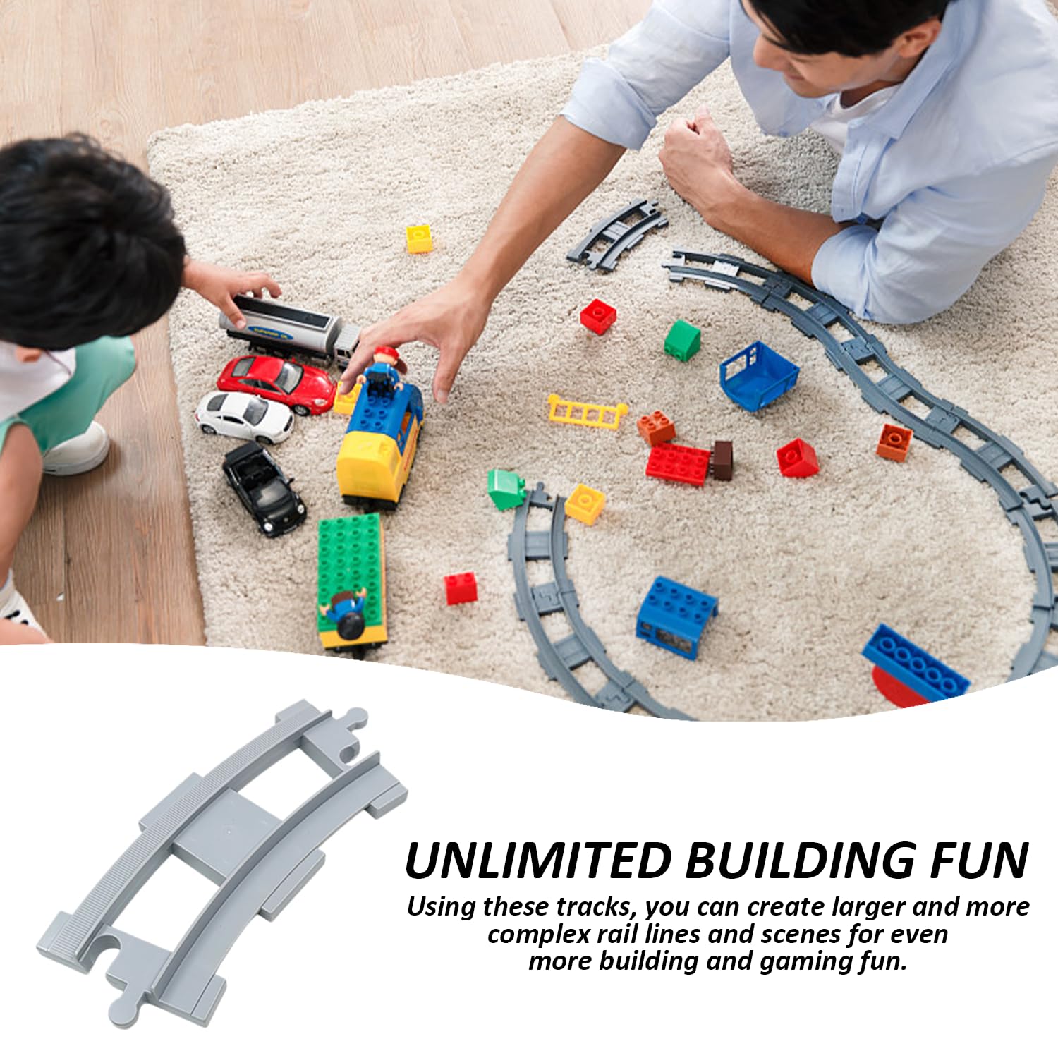 El juego de pistas de 32 piezas incluye vías rectas, vías curvas, cambios de riel y accesorios, kits de extensión de riel guía, vías de tren, trenes urbanos y accesorios para trenes
