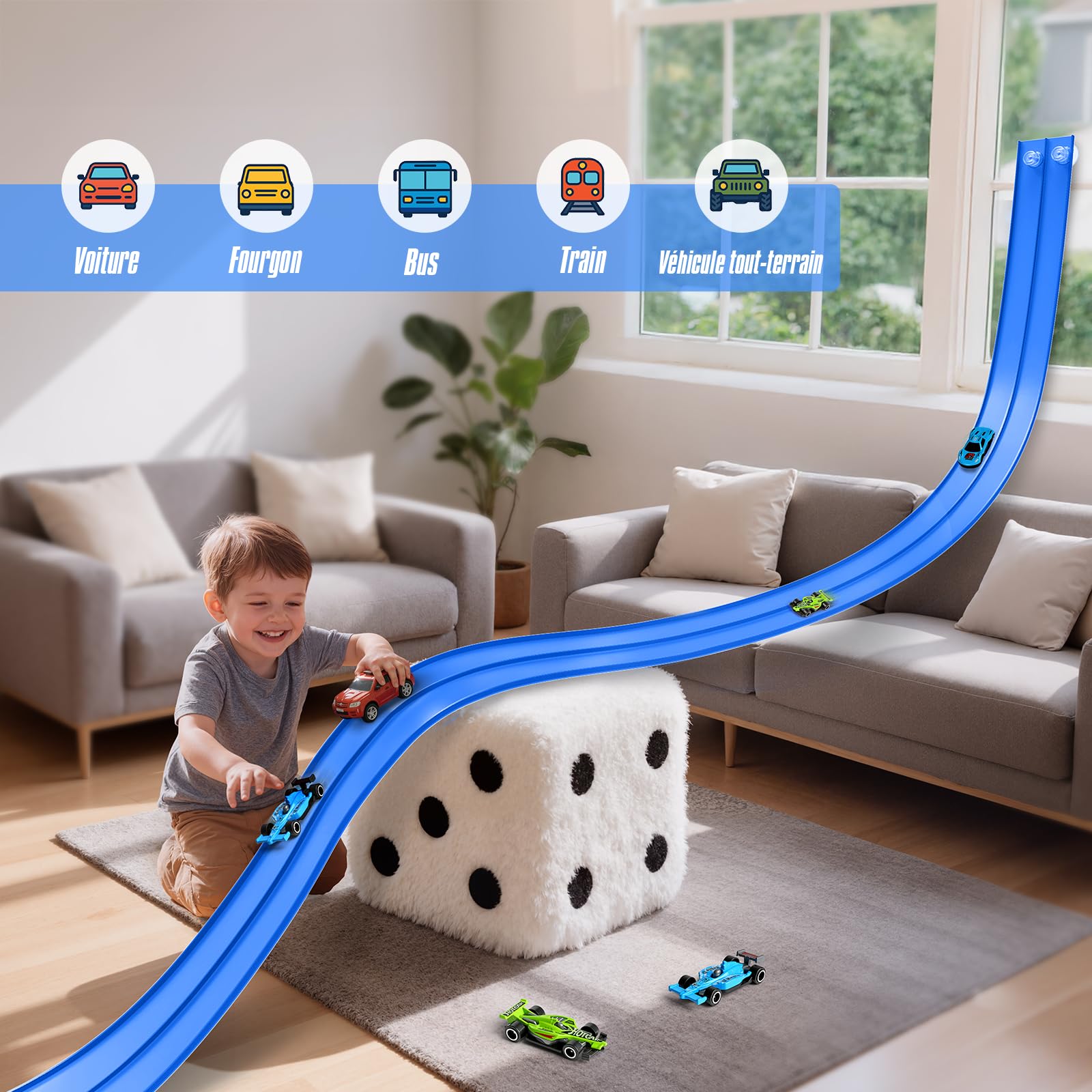 Hot Bee Circuit de Course Flexible Bleu 4,5 m, Piste Voiture Enfant en Silicone avec Crochet et Ventouses, Rampe Créative sans Pile pour Petites Voitures, Jouet Garçon Fille 3-8 Ans