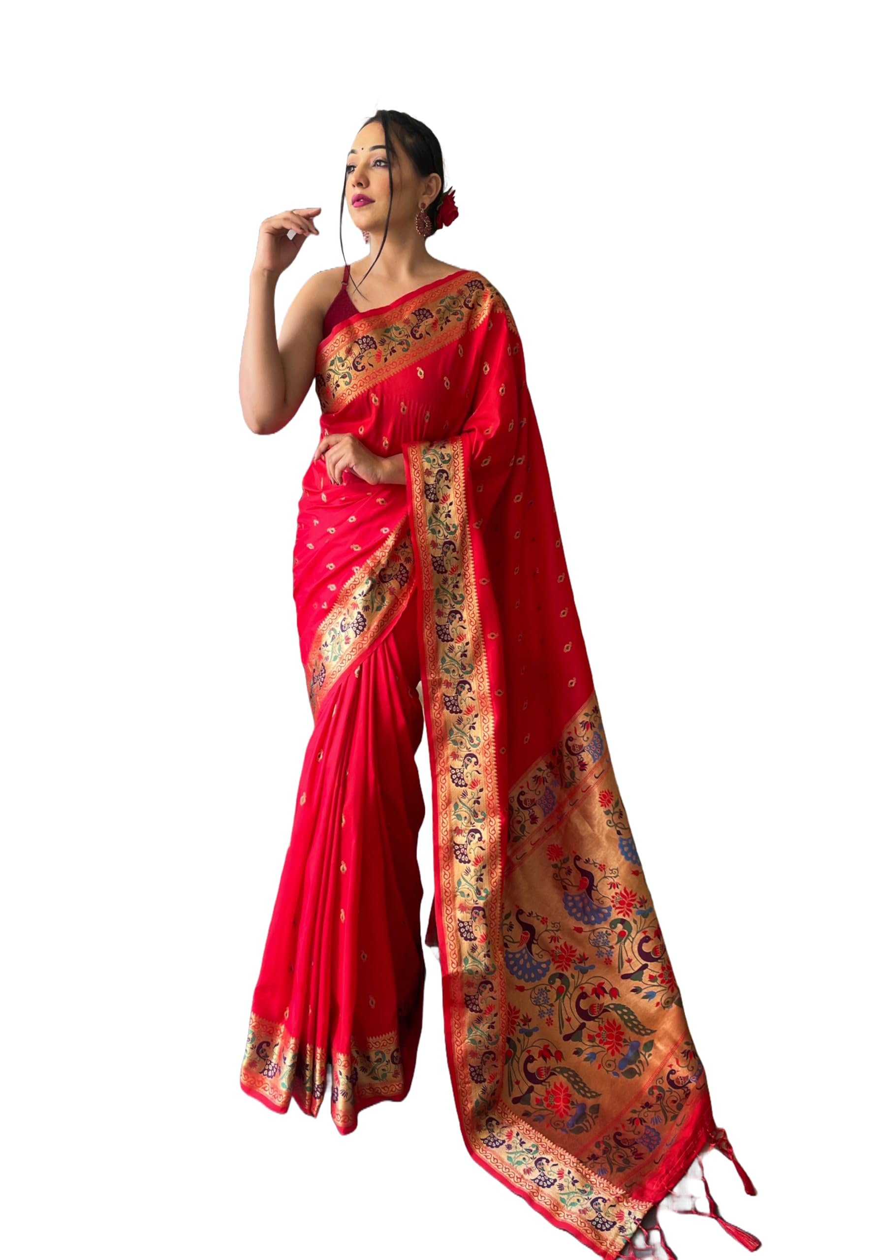 Pandadi Saree Women's Opulent Meenakari Moti Paithani Silk Saree with Rich Weaved Pallu and Tassels with unstitched blouse piece