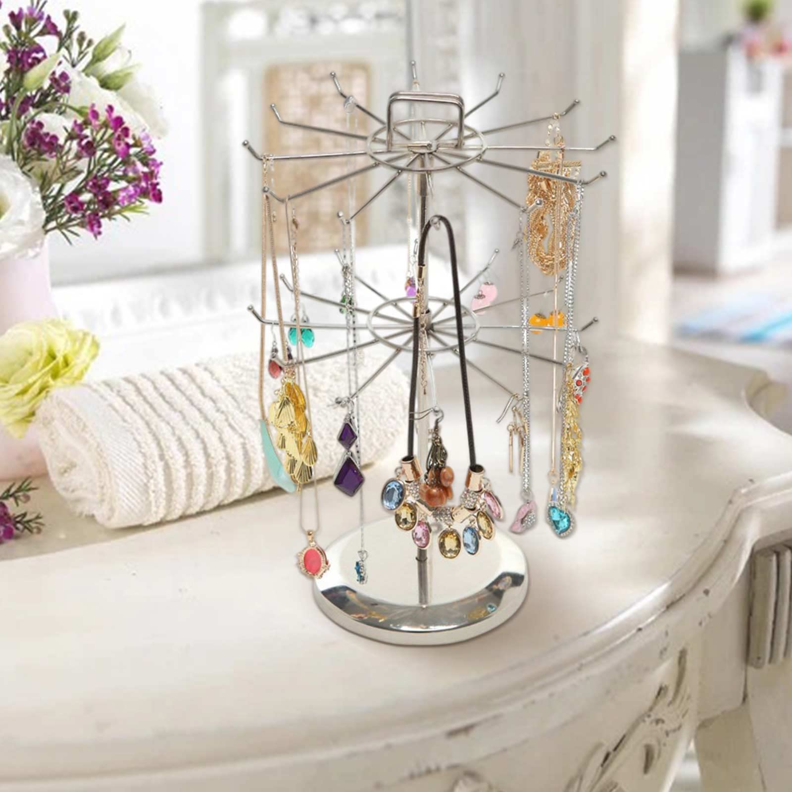 EKNITEY Organizer Rotante Per Orecchini E Collane, 260 Fori + 15 Ganci, Base In Marmo, Metallo, Regalo Per Donna - 6