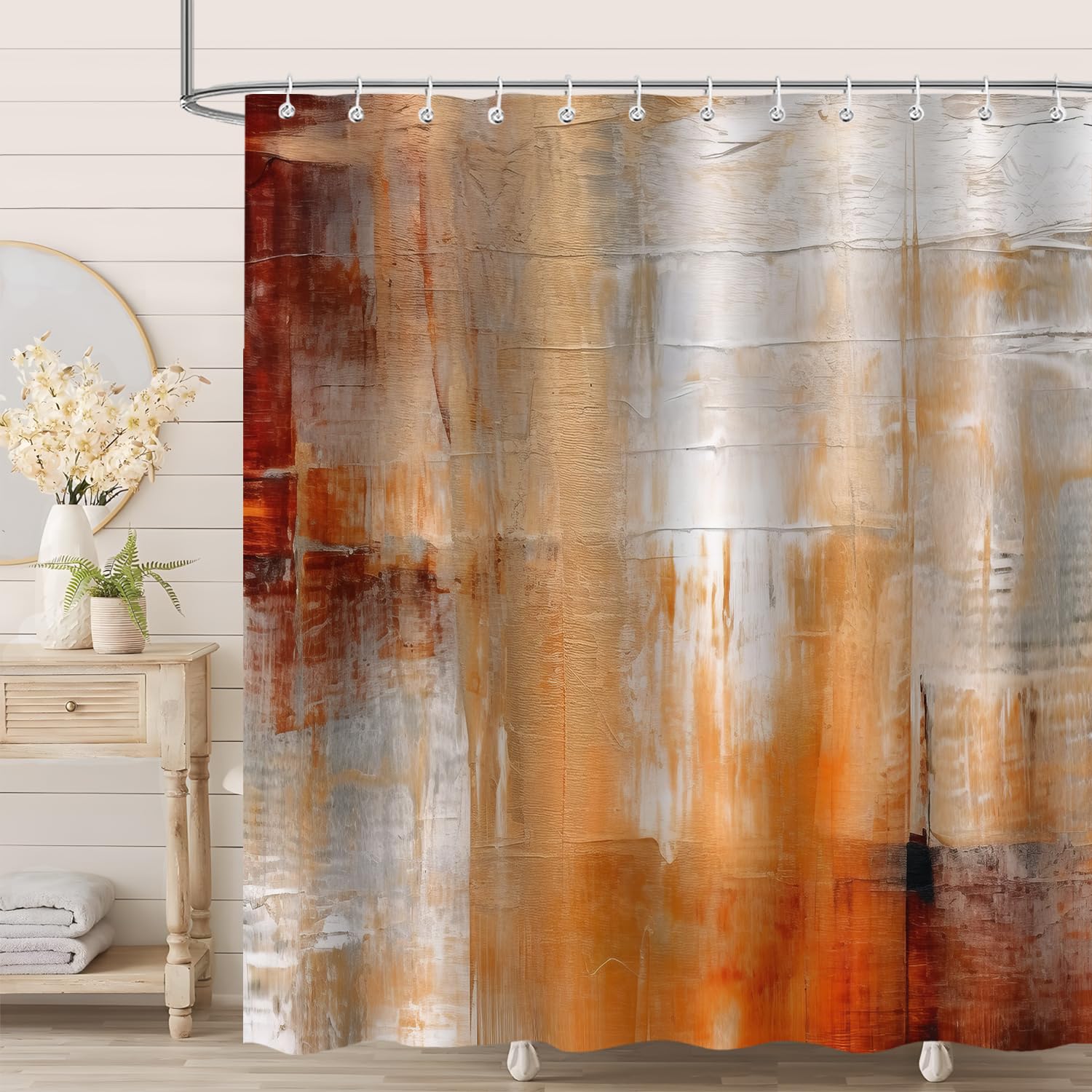Moonslim Orange Brown Grey Abstract Shower Curtains, Rustic Vintage Yellow Orange Shower Curtain Set for Bathroom Curtain Decor, Washable Fabric Cloth